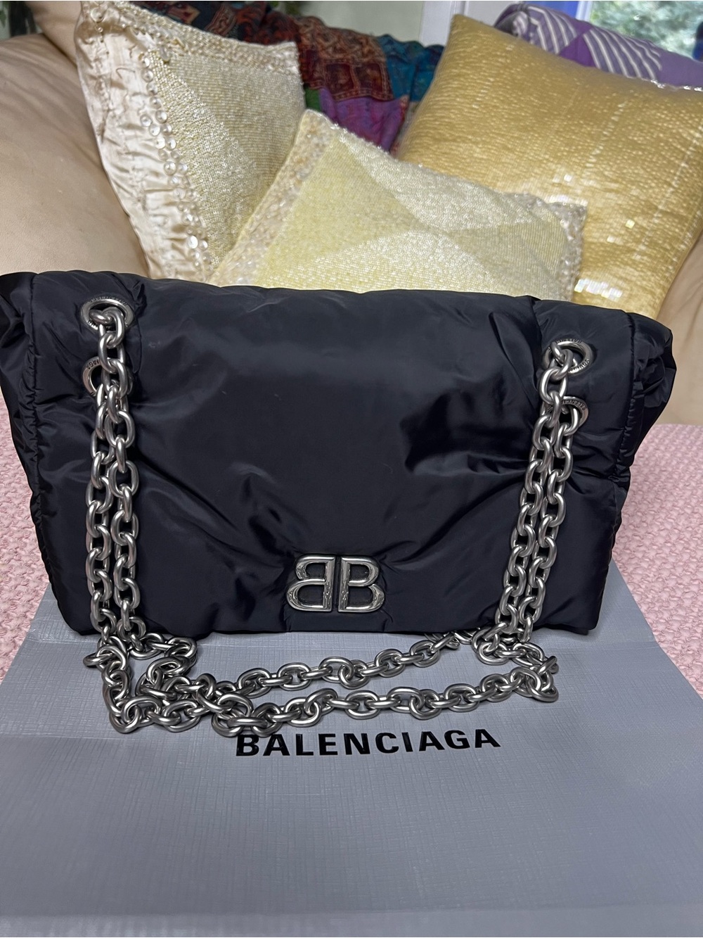 Balenciaga Monaco Nylon Chain Shoulder Bag Black Silver BB Logo Dust Bag
